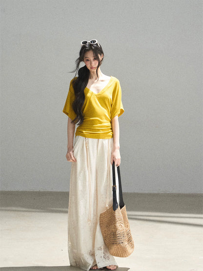 "The First Ray of Sunshine" V-Neck Crop Tee (Ginger Yellow. Creamy Apricot White)