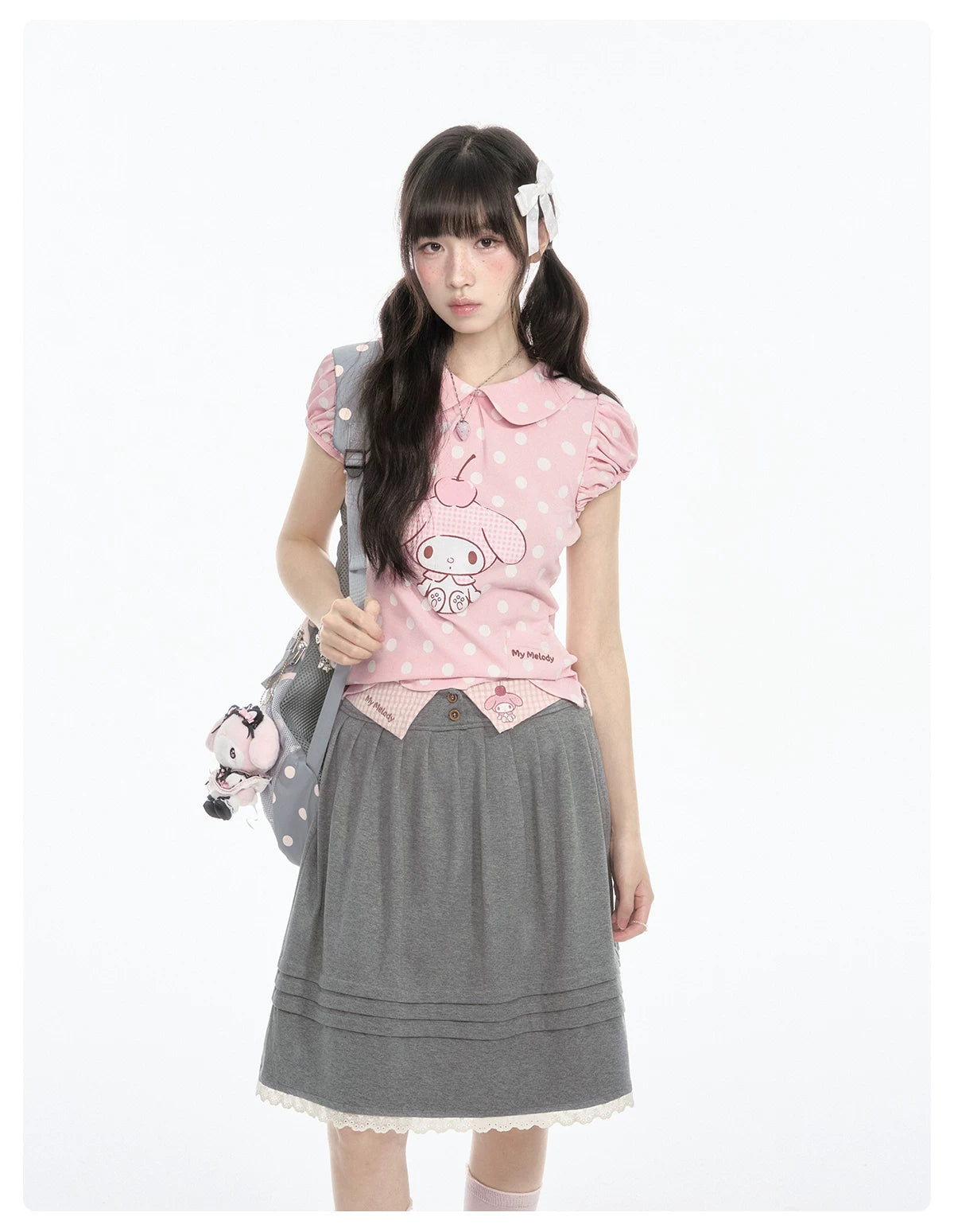 "Sweet Melody" Pink Casual Collection (Polka Dot Puff Sleeve Tee / Pleated Skirt / Bubble Skirt)