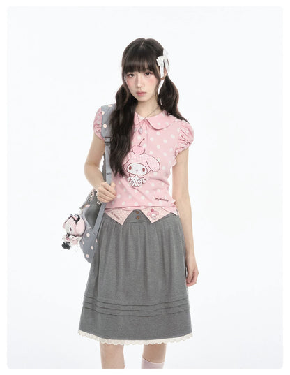"Sweet Melody" Pink Casual Collection (Polka Dot Puff Sleeve Tee / Pleated Skirt / Bubble Skirt)
