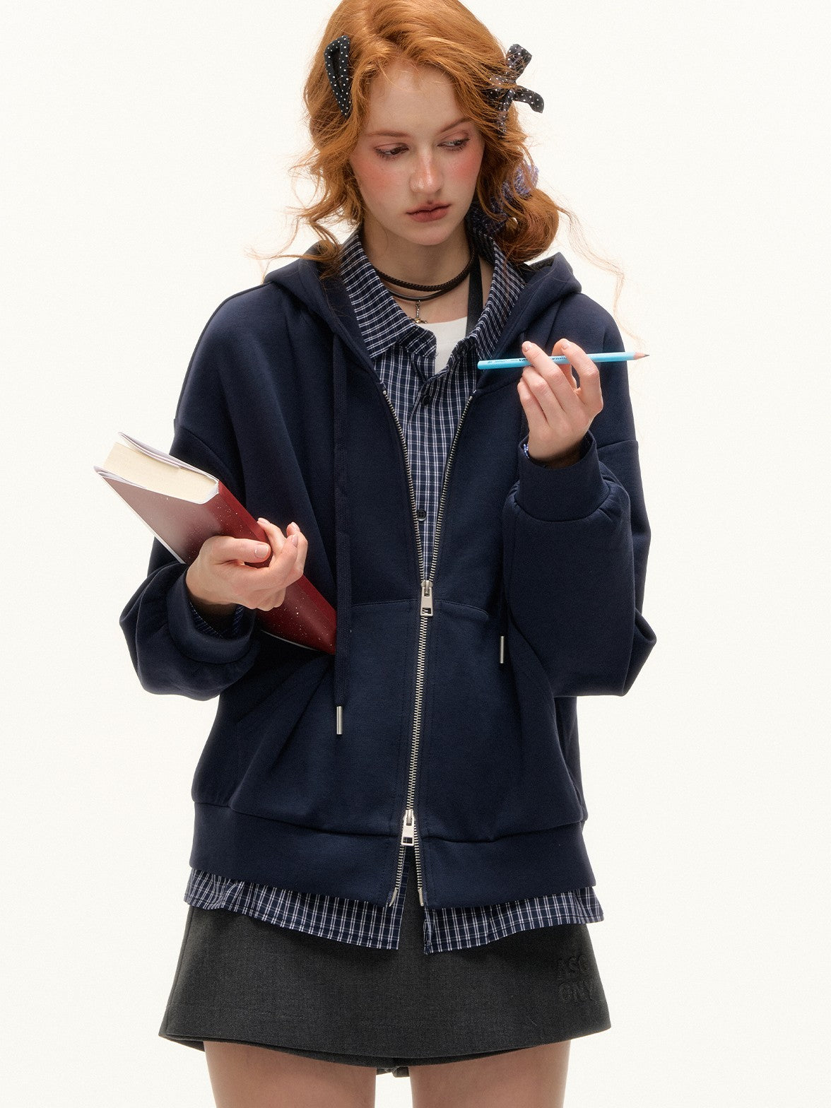 ASGONY - Faux Two-Piece Zip-Up Hoodie Jacket (Deep Navy)