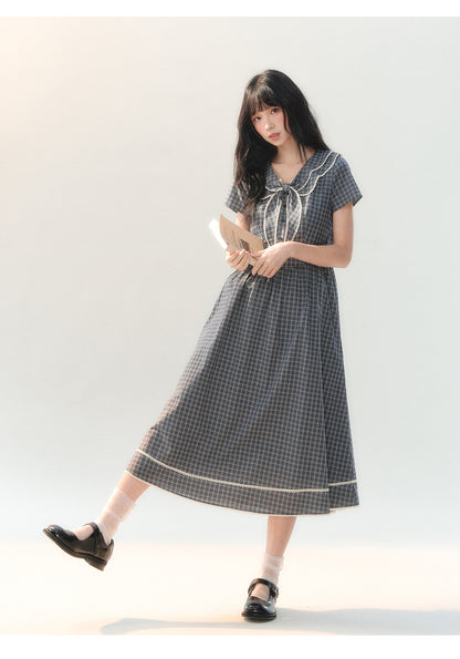 [CAN] "Firwood Plaid Tale" Blue Gray Plaid Lace Doll Collar Dress