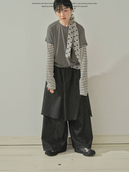 "Lazy Echo" Layered Stripe Long Sleeve Knit T-Shirt (Black Stripe / Gray Stripe)