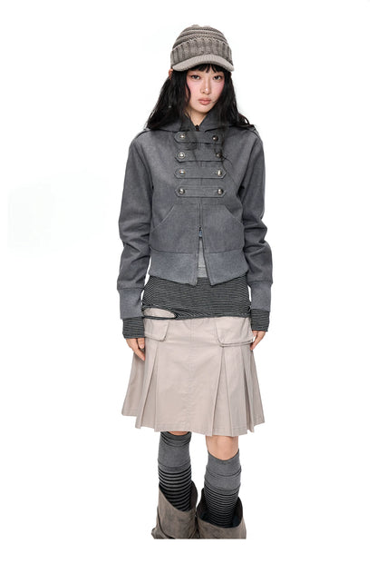 EZEK | Cropped Hooded Sweatshirt Jacket with Double Metal Snap Closure (Black / Gray)