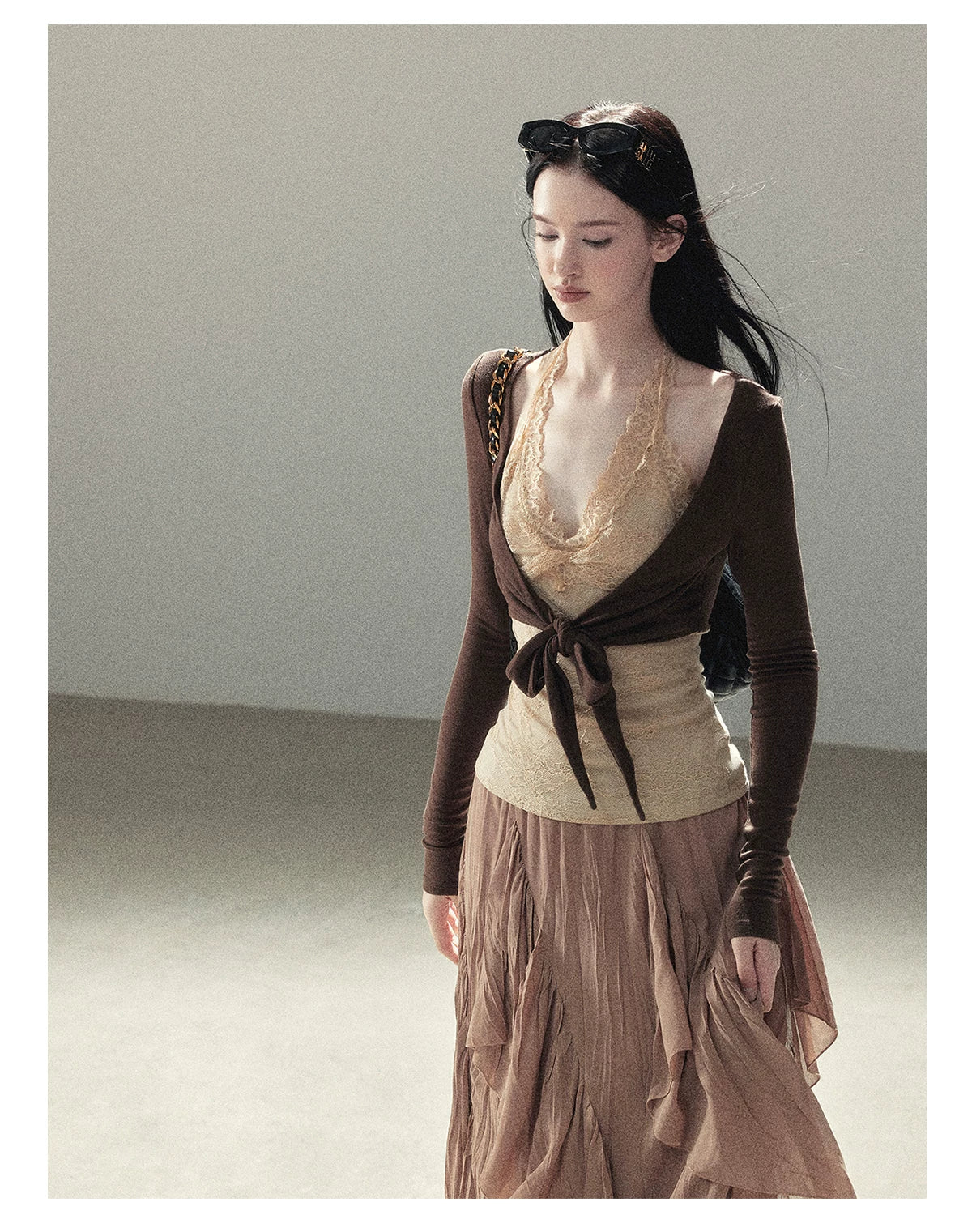 AOMALM - "Tender in This Moment" Rich Cocoa Faux Two-Piece Lace Top