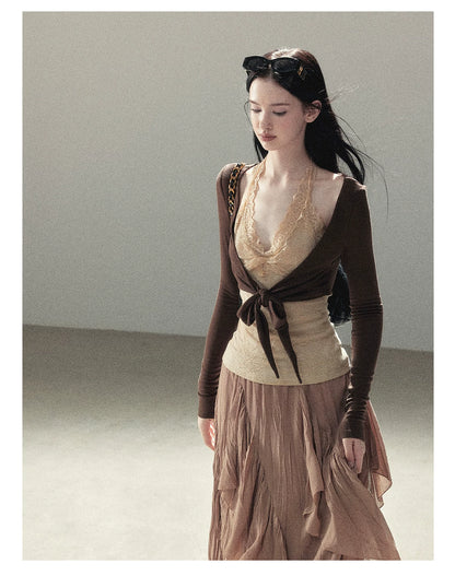 AOMALM - "Tender in This Moment" Rich Cocoa Faux Two-Piece Lace Top