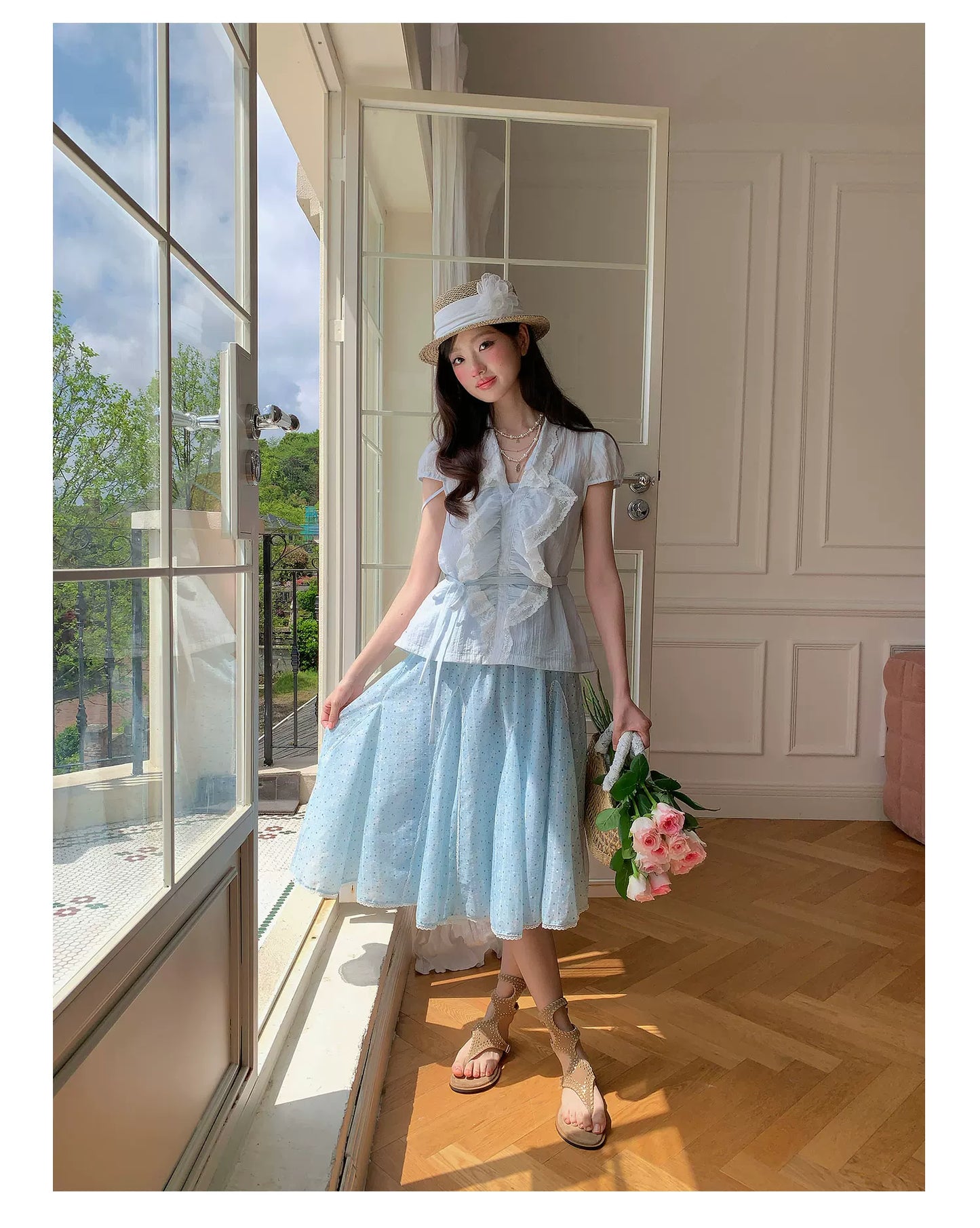 “Blue Breeze Sonata” Blue Ruffle Lace Blouse