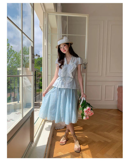 “Blue Breeze Sonata” Blue Ruffle Lace Blouse