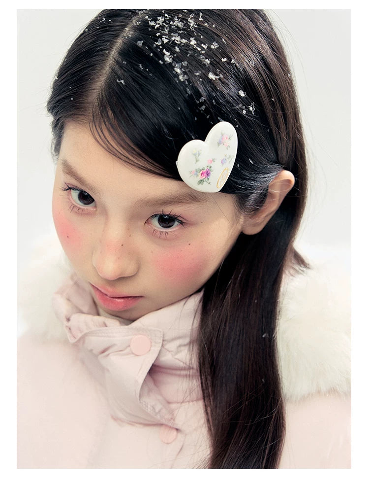 "Snowland Sprite" Peach Blush Lilac Hooded Down Jacket with Detachable Faux Fur Trim & Gloves