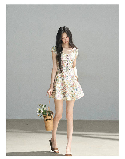 "Bloom in Full Glory" Dutch Cream Floral Puff Mini Dress
