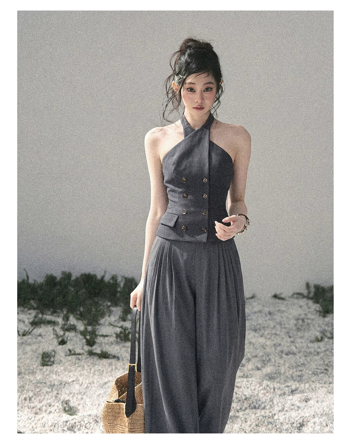 "The Unsent Letter" Deep Slate Gray Halter Tailored Top
