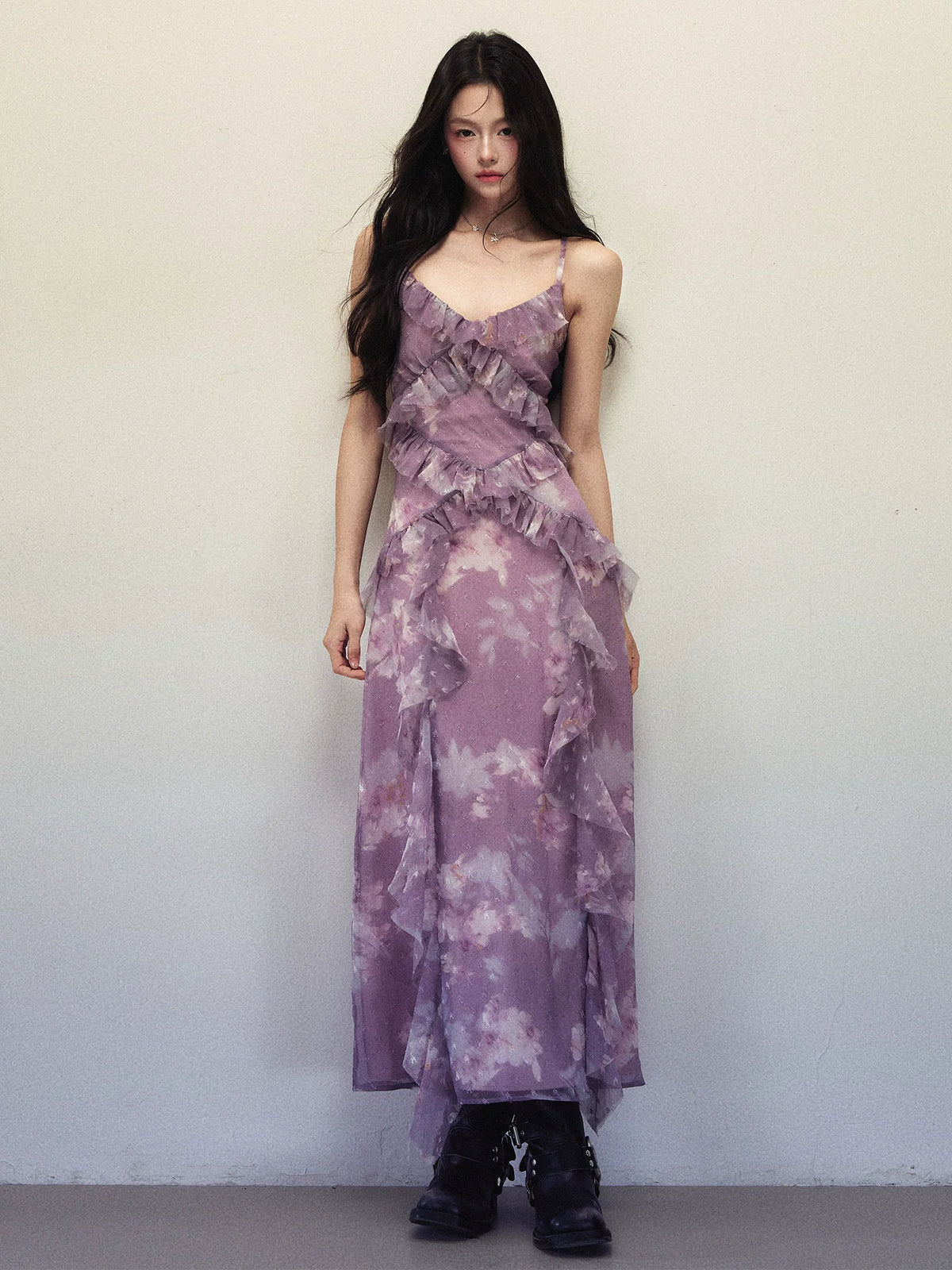1P - Purple Ombre Floral Ruffle Maxi Dress