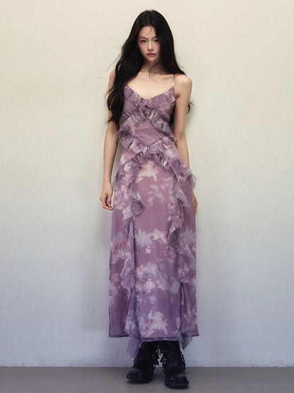 1P - Purple Ombre Floral Ruffle Maxi Dress