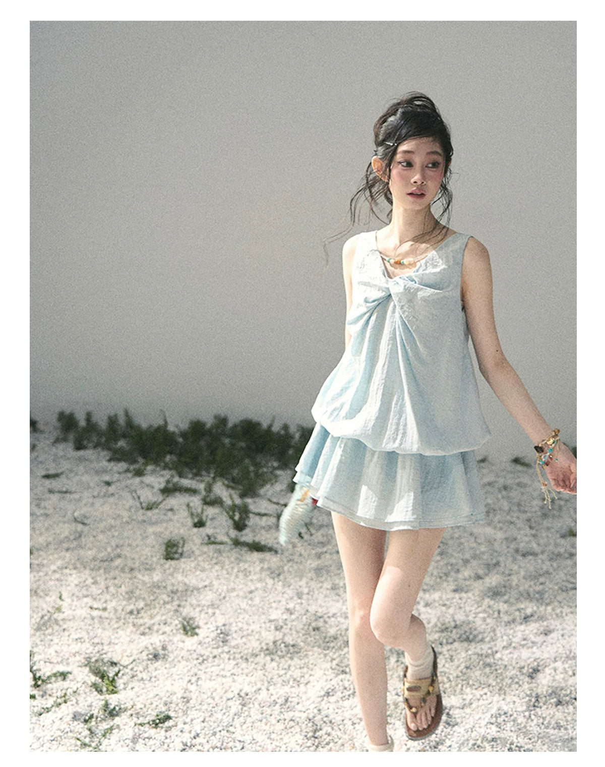 “Whispering Grass” Moonlight Blue Twist Mini Dress