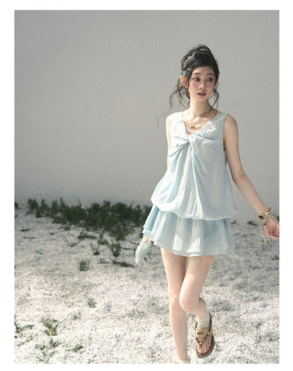 “Whispering Grass” Moonlight Blue Twist Mini Dress