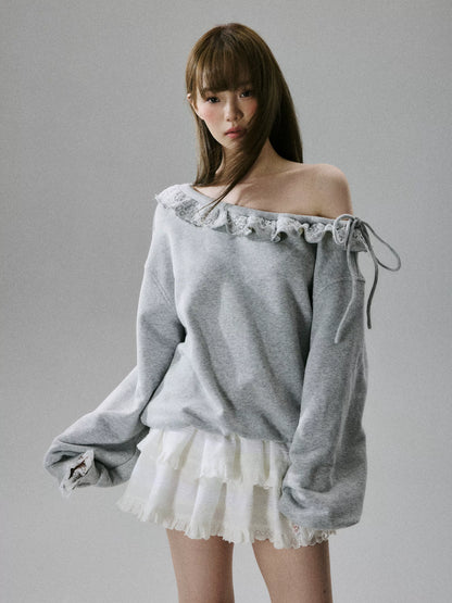 LOST FOREST - Heather Gray One-Shoulder Eyelash Lace Cotton Sweatshirt