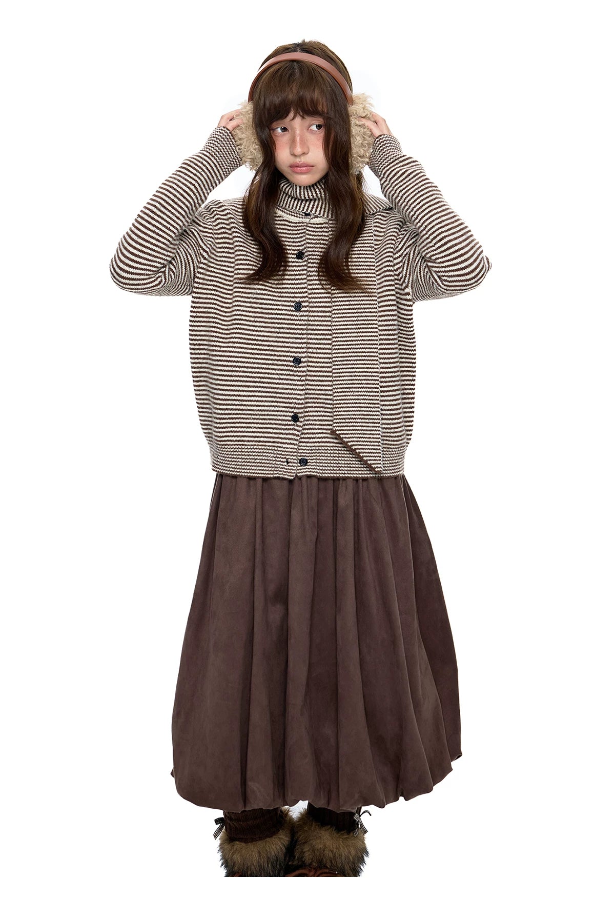 EZEK | Cloud Flower Bubble Skirt A-Line Midi (Black / White / Tan / Gray)