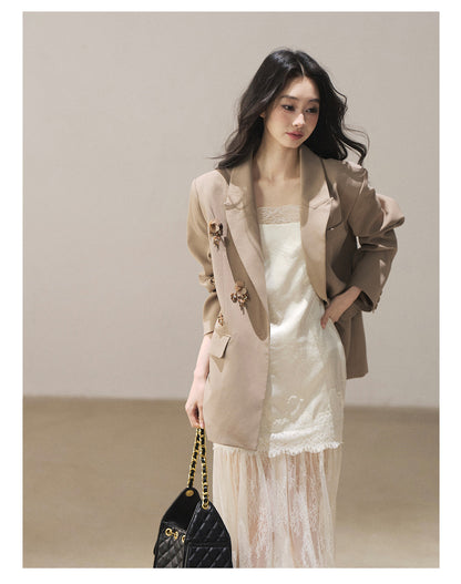 170726 "Your Open Meadow" Cream Apricot White Lace Slip Dress + Gray Taupe Tailored Blazer