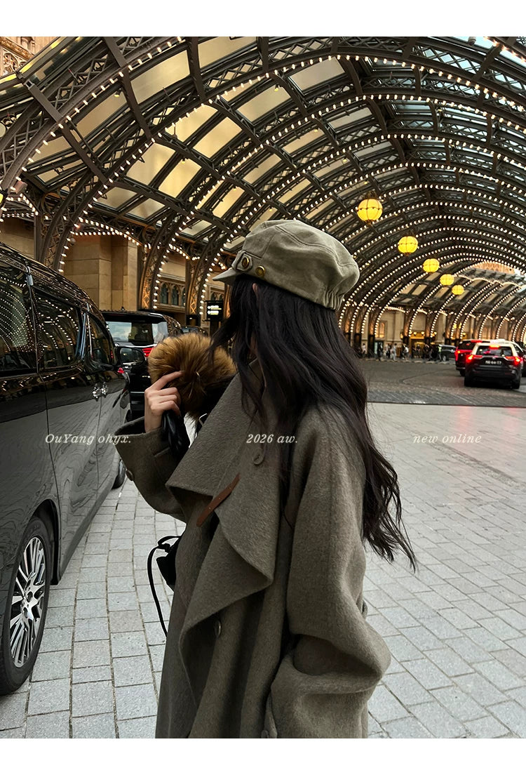 QuQuOuYang - 100% Wool Double-Face Belted Coat with Convertible Collar