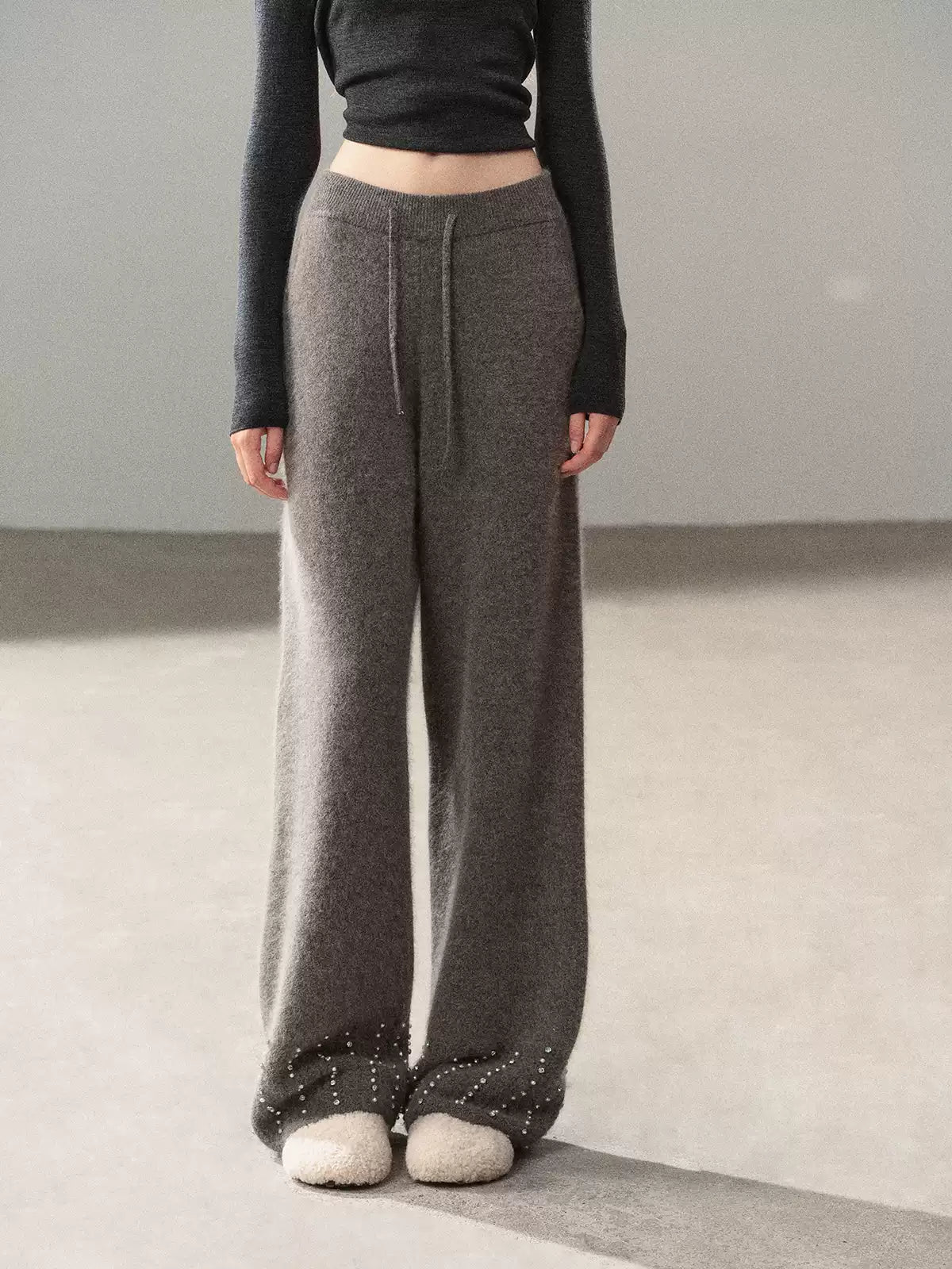 AOMALM - "Moonlit Silver" Bead-Detail Wide-Leg Knit Pants – Cloud Gray
