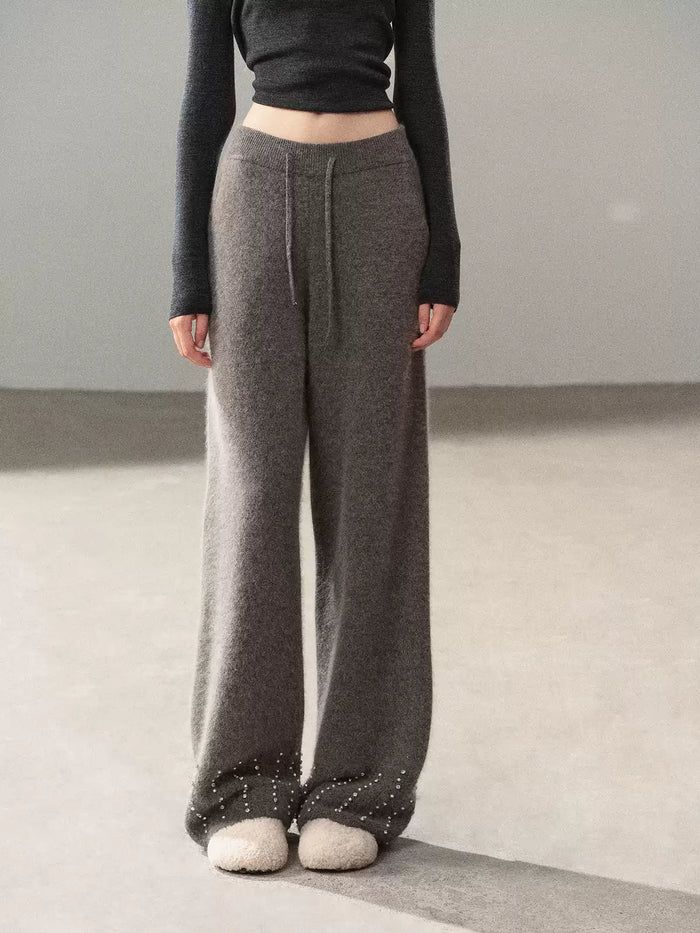 AOMALM - "Moonlit Silver" Bead-Detail Wide-Leg Knit Pants – Cloud Gray