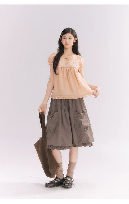 “Orange Soda” Seashell Orange Mesh Panel Puff Sleeve Top
