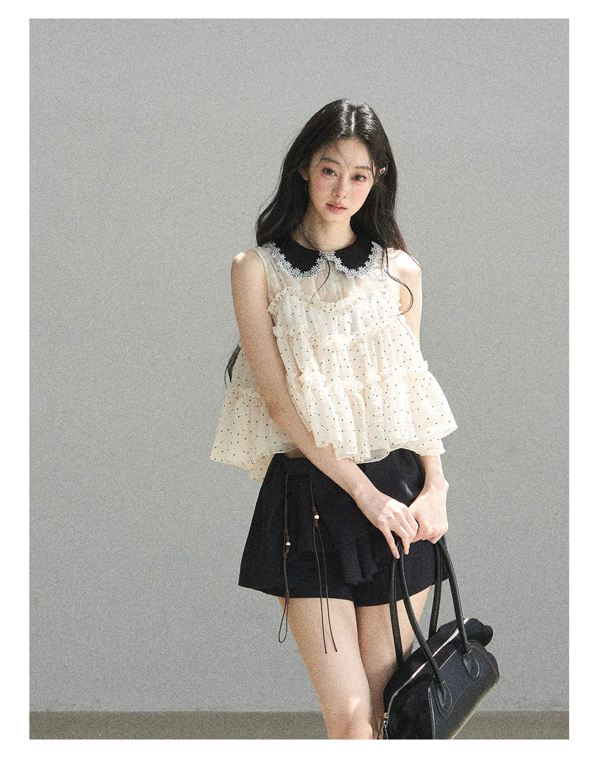 "A Dream Like Foam" French Polka Dot Chiffon Babydoll Blouse