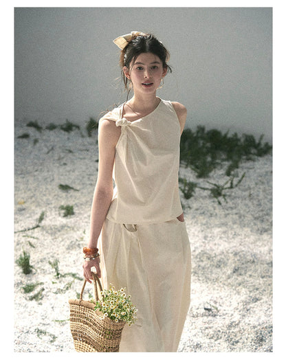 “Ivory Pleated Verse” Soft White Asymmetrical Twist Top & Skirt