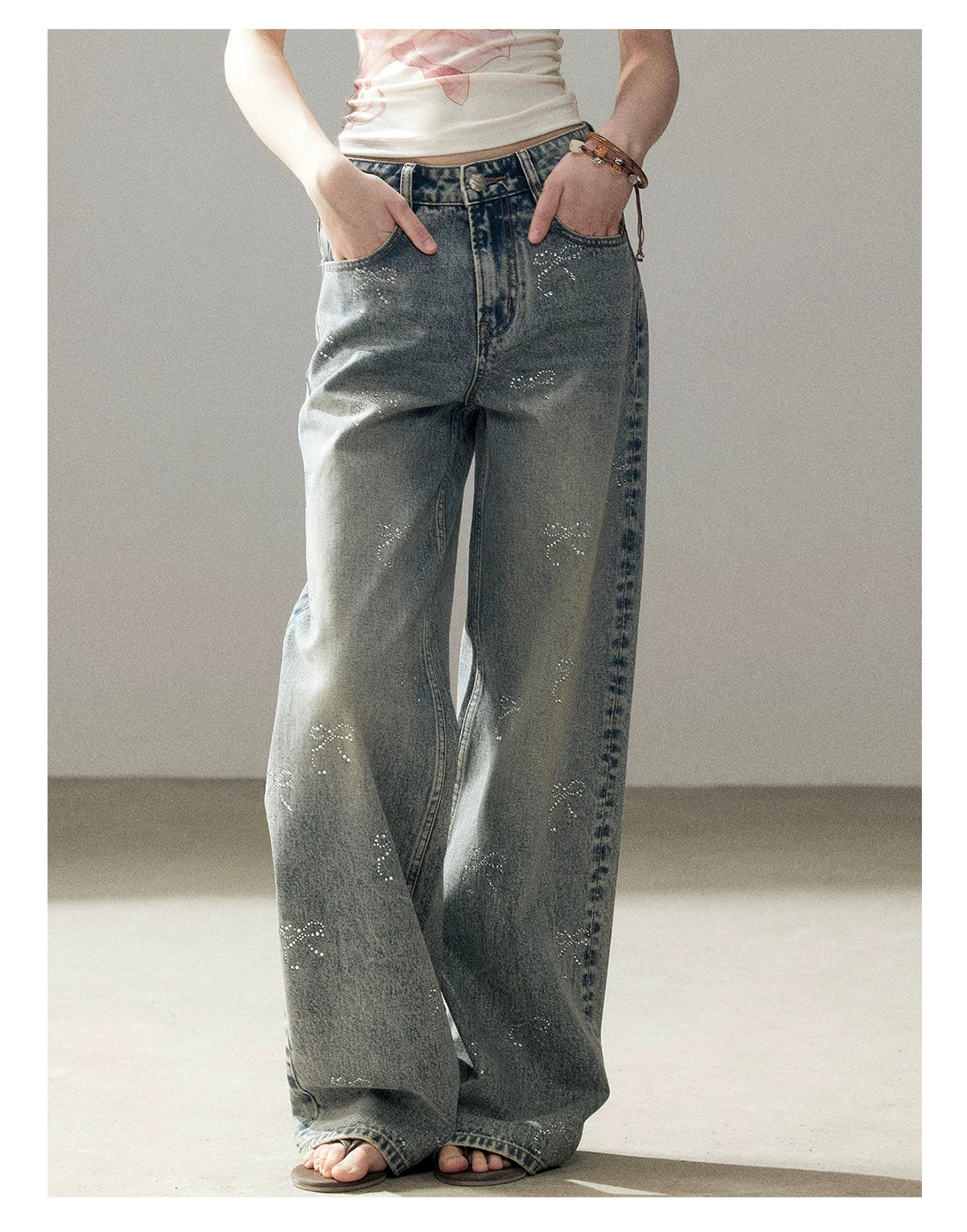 "Passing By the Sea" Vintage Blue Rhinestone Bow Wide-Leg Jeans