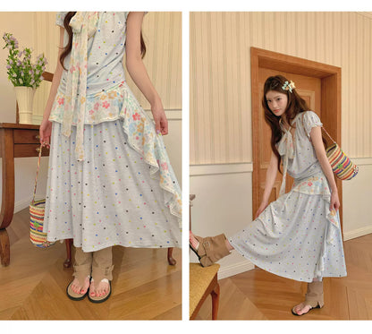“Sea Salt Blossom Letter” Baby Blue Layered Skirt Set