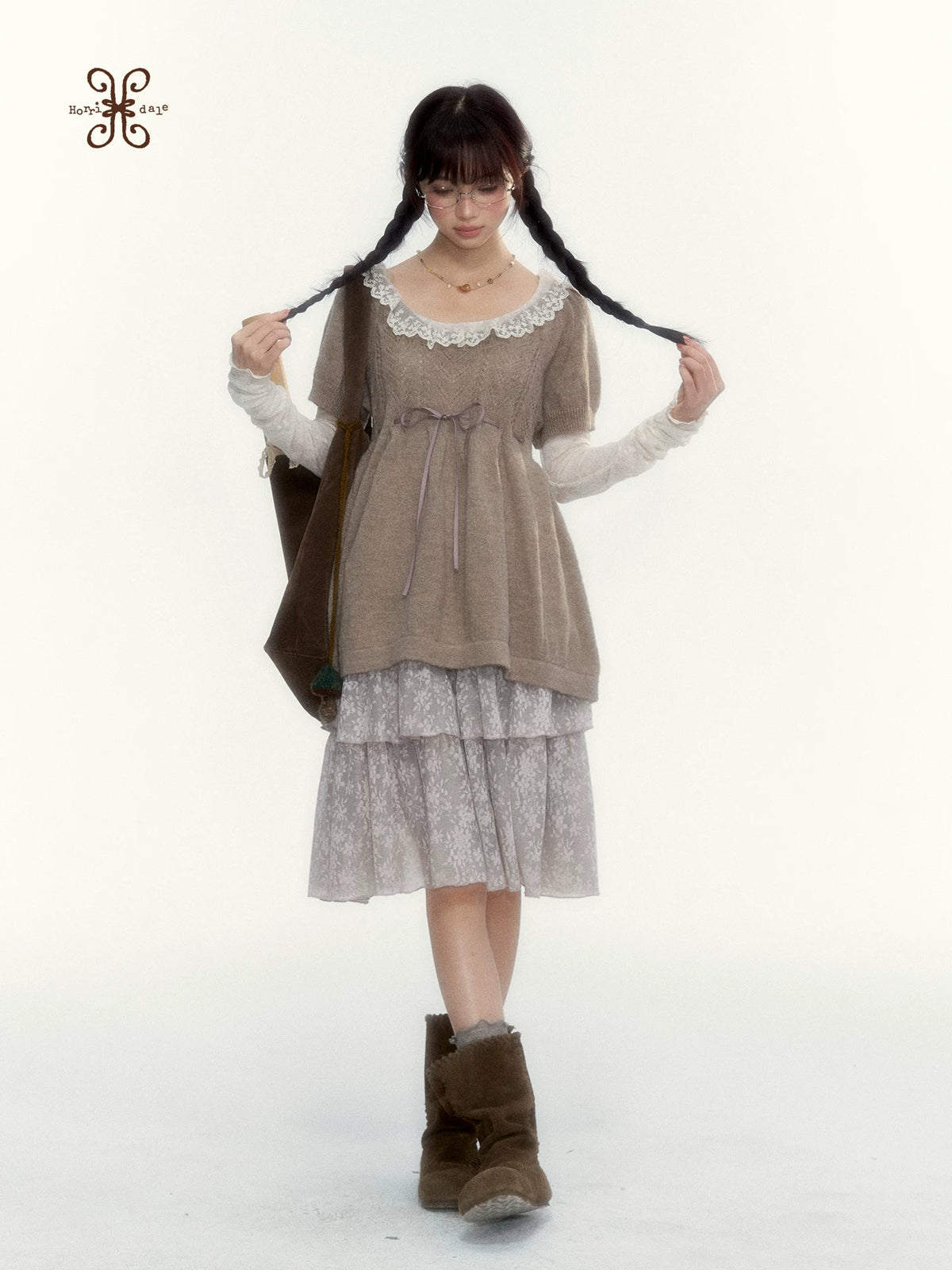 “Cloud Pleats” Chestnut Mist U-Neck Bow-Tie Puff Sleeve Knit Sweater