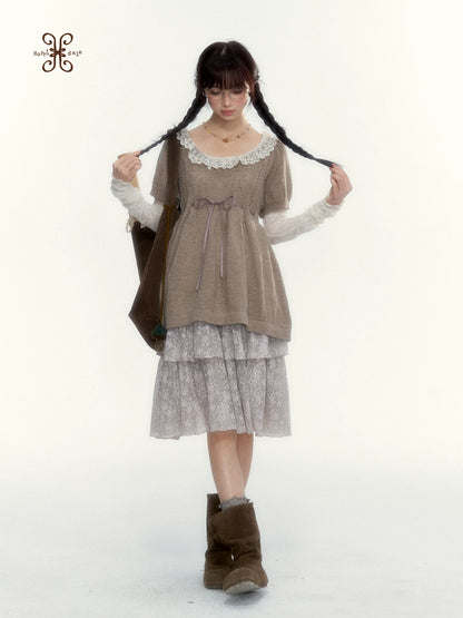 “Cloud Pleats” Chestnut Mist U-Neck Bow-Tie Puff Sleeve Knit Sweater