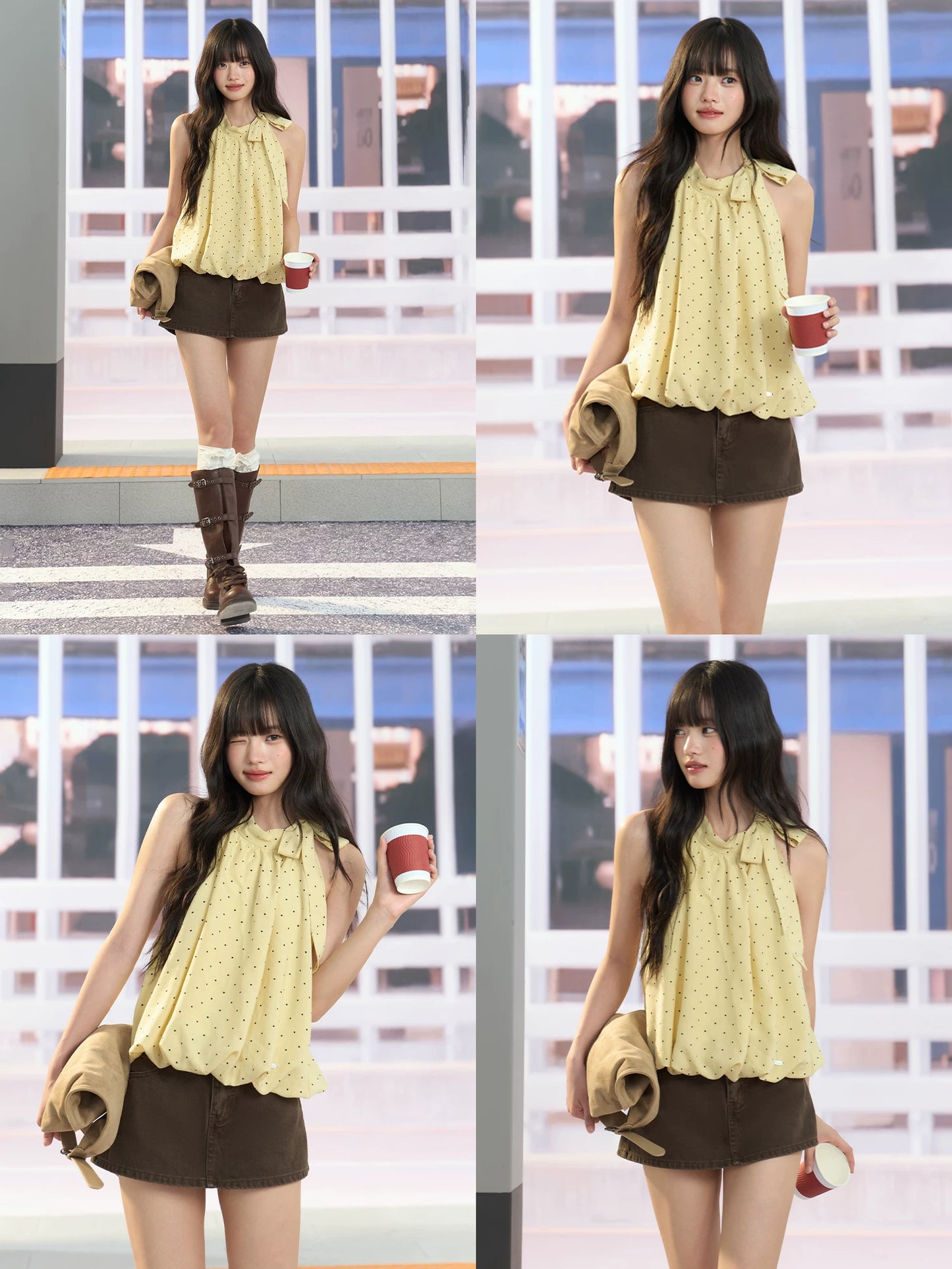 "Golden Departure" Yellow Polka Dot Halter Babydoll Top