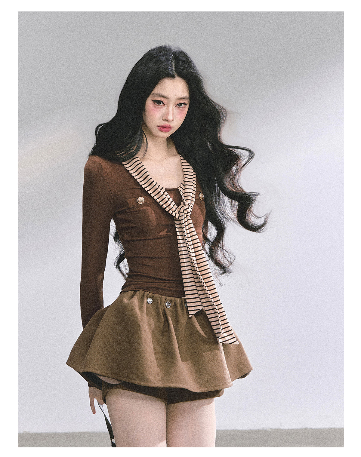 少也眼 "High-Mind Lady" American-Style Tee with Striped Neck Tie - Coffee 145846315