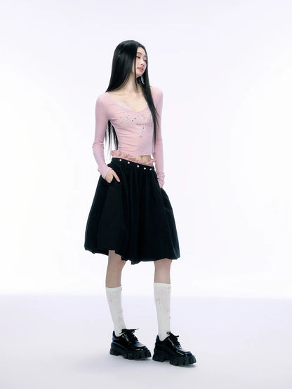 JN's DESIGN - Black Bubble Hem Skirt with Pearl Button Detail