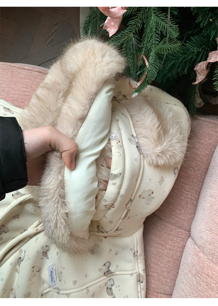 阮阮自制 - Honey Bear Ivory Plush Padded Jacket & Fleece Pants Set