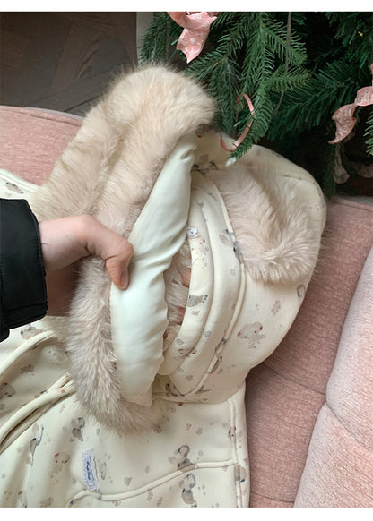 阮阮自制 - Honey Bear Ivory Plush Padded Jacket & Fleece Pants Set