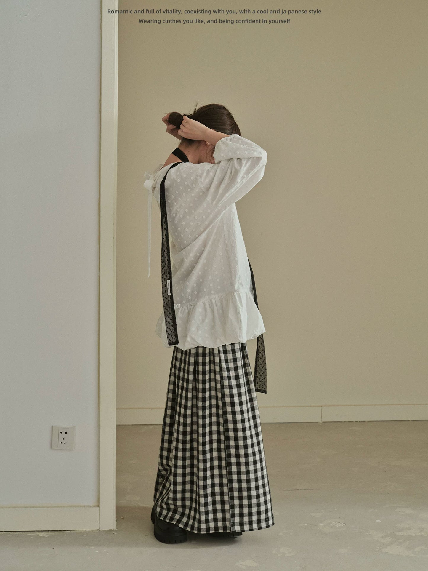 "Quiet Check" Plaid Wide Leg Trousers (Black & White Plaid)