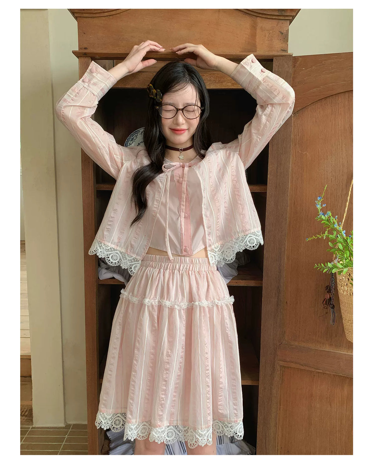 [RF] “Blush Cloud Reverie” Pink Lace-Trim Stripe Blouse & Skirt Set