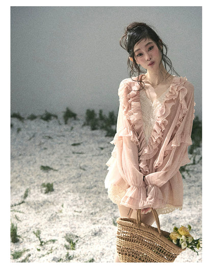 “Whispers of the Wind” Blush Pink Lace Chiffon Blouse (With Belt)