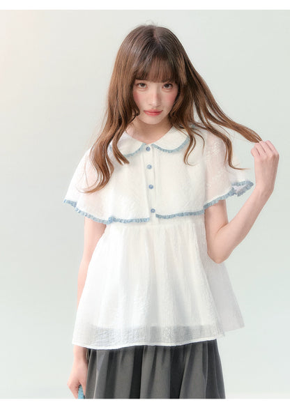 "Cloudside Letter" White Cape Collar Babydoll Blouse LL2026218