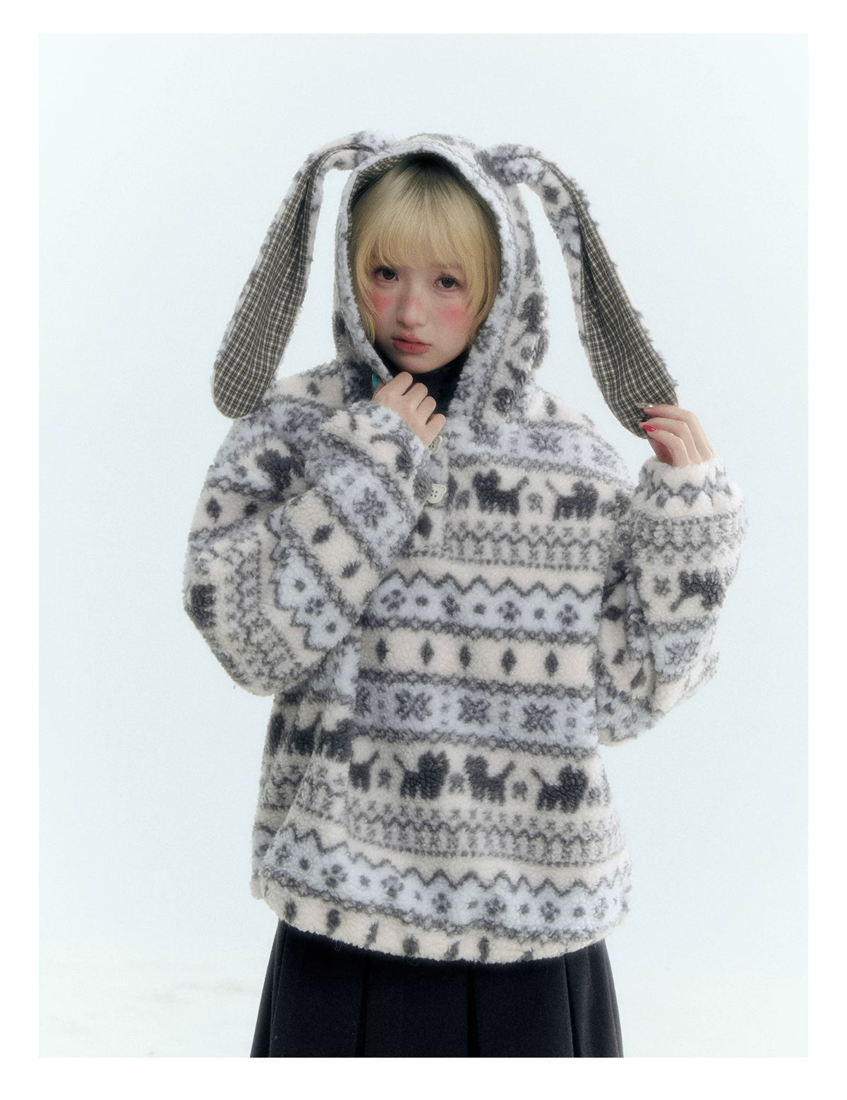 Horridale - Pink Fair Isle Cat Sherpa Fleece Hoodie with Bunny Ears