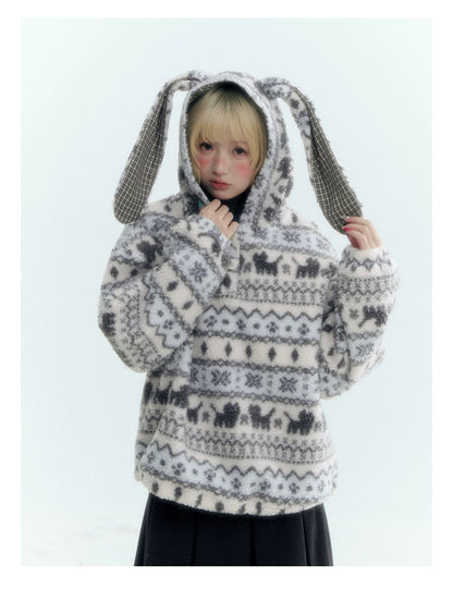 Horridale - Pink Fair Isle Cat Sherpa Fleece Hoodie with Bunny Ears