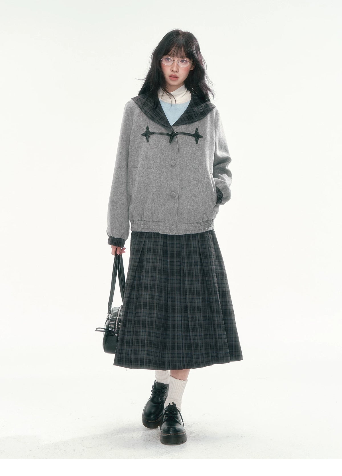 [CAN] Navy Plaid Pleated A-Line Midi Skirt