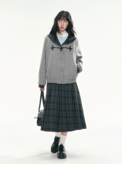 [CAN] Navy Plaid Pleated A-Line Midi Skirt