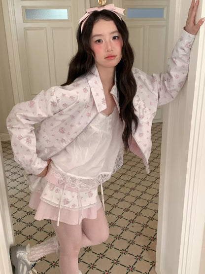 [RF] “Blush Meadow” White & Pink Floral Reversible Jacket and Mini Skirt Set
