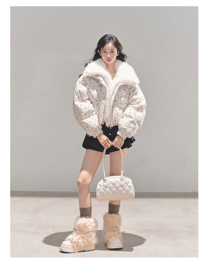 少也眼 Oatmeal Short Down Jacket with Detachable Faux-Fur Collar 784651