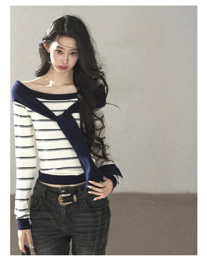 AOMALM - Ivory Stripe Faux-Layered Knit Top with Shoulder Ties
