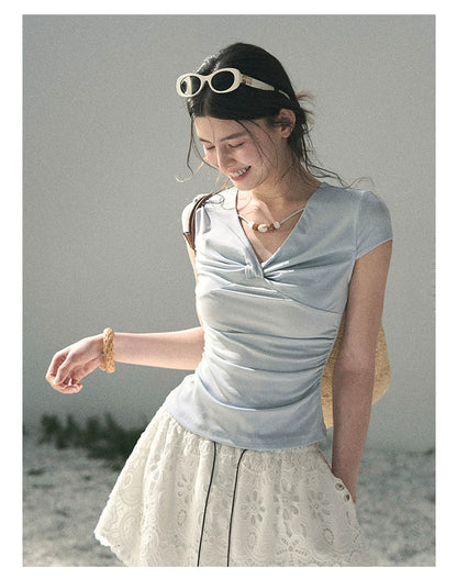 “Sheer Spring Whisper” Moonlight Blue Twist V-Neck Top