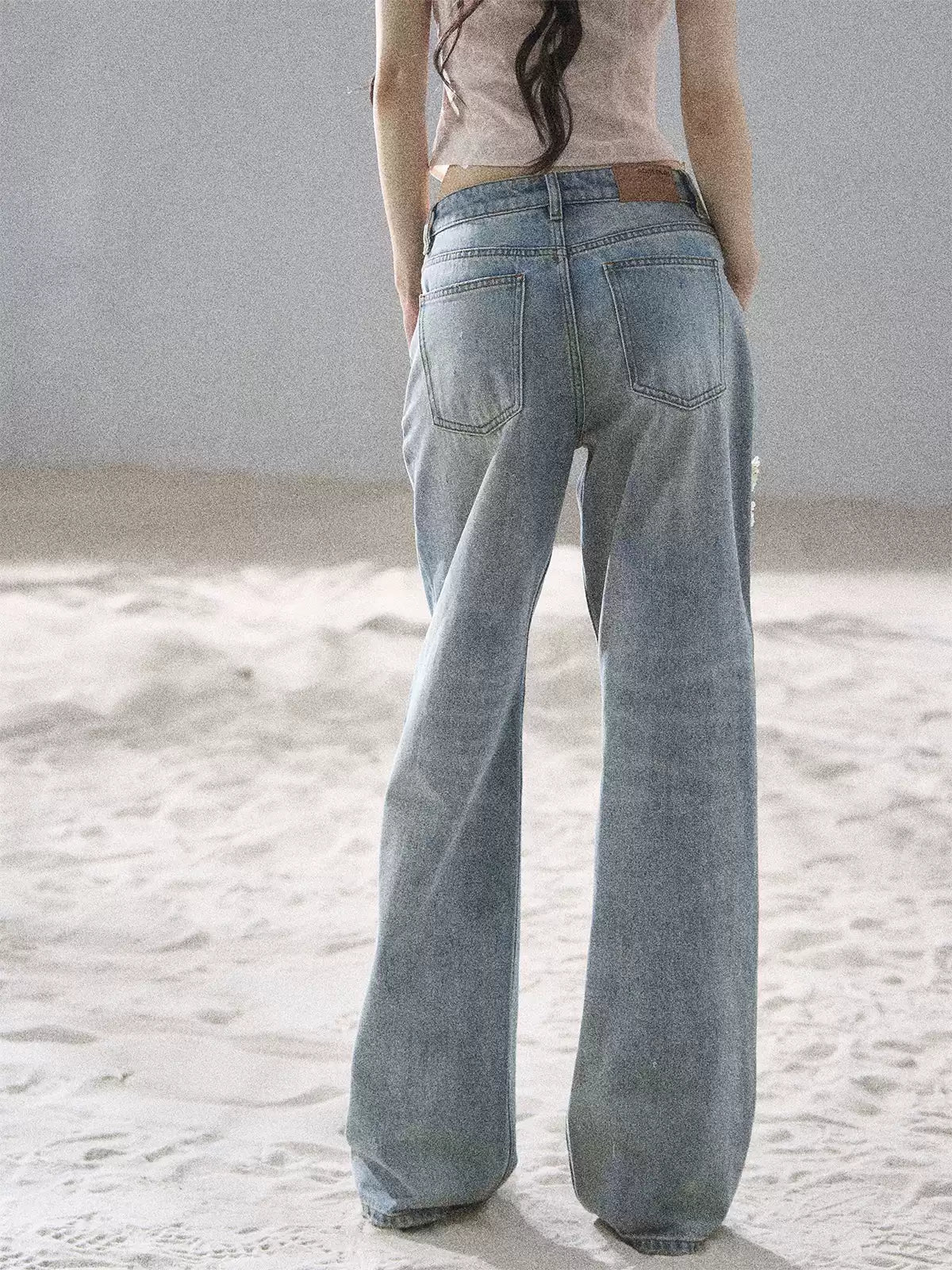 "Starlit Grace" Mist Blue Handmade Floral Wide-Leg Jeans