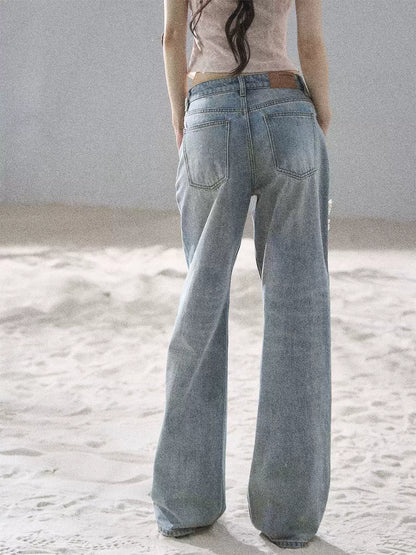 "Starlit Grace" Mist Blue Handmade Floral Wide-Leg Jeans
